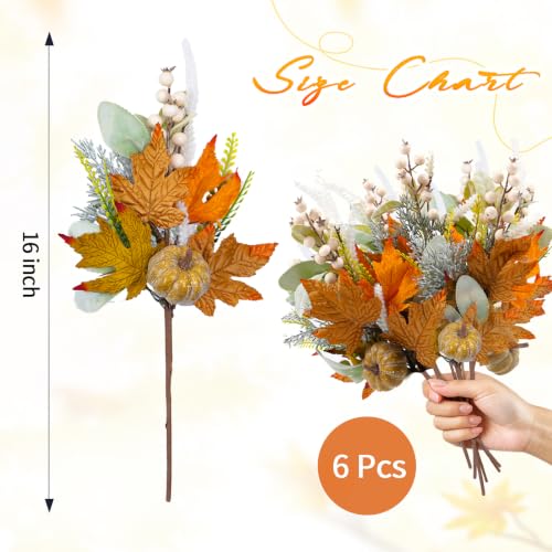 Image of 16 Inch 6Pcs Fall Picks Pumpkin Maple Leaf for Table Centerpiece | Artificial Fall Stems with Lamb's Ear Thanksgiving Centerpieces, Vase Filler, Floral Arrangements & Autumn Home Decor