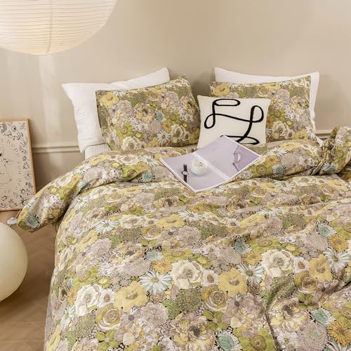 ECOCOTT Floral Duvet Cover Queen Size - Vintage Chic Garden Style Floral Pattern Printed Flower Duvet Cover Set Super Soft Comforter Quilt Cover with Zipper Closure 4 Ties