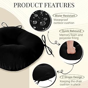 downluxe Bistro Chair Cushions for Patio Furniture Water Resistant Round Outdoor Chair Cushions Set of 2 with Non Slip Ties 15 x 15 Black