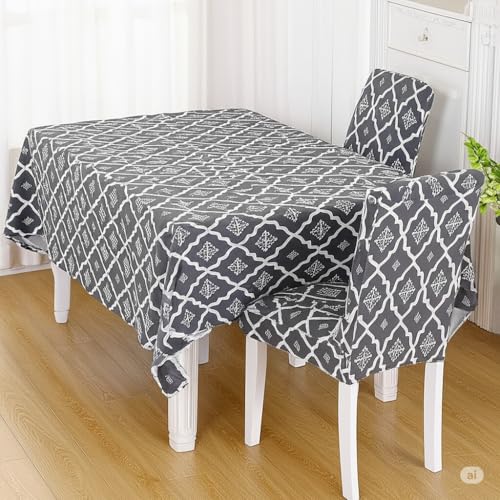 Image of Styleys Dining Chair Cover with Table Covers for Kitchen Waterproof Dining Table Cloth (1 Table Cover + 6 Chair Cover, Jaipur Grey, CTSD3165)