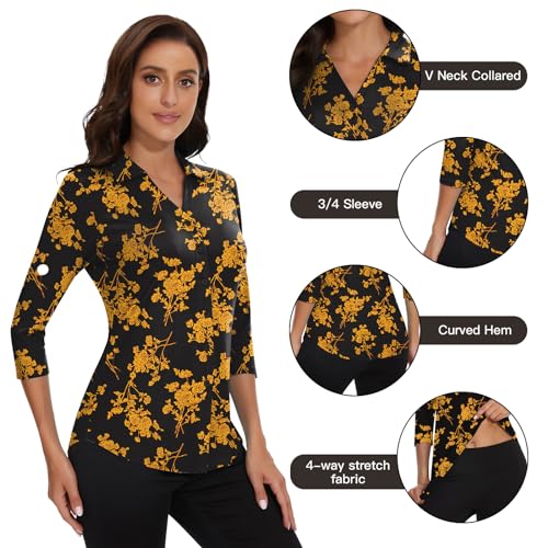 Image of Soneven Womens Golf Polo Shirts 3 /4 Long Sleeve V Neck Button Down Shirts Business Causal Work Blouses Tops