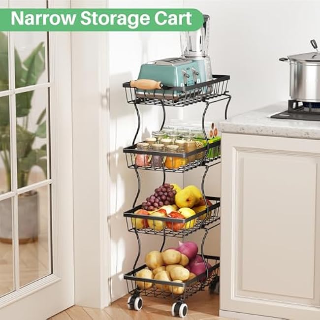 Fruit Basket Kitchen Pantry Organizers and Storage - 4 Tier Stackable Metal Wire Basket Stand for Fruit Vegetable Snacks Jars Bins Containers Organization, Black-R5zv4MQz