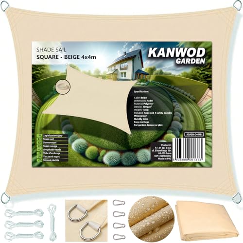 KANWOD Voile d'ombrage Rectangulaire, 4 x 4 m, Imperméable, Protection UV, Tissu 180 g/m², Toile d'ombrage Extérieure pour Balcon, Terrasse et Jardin, Beige