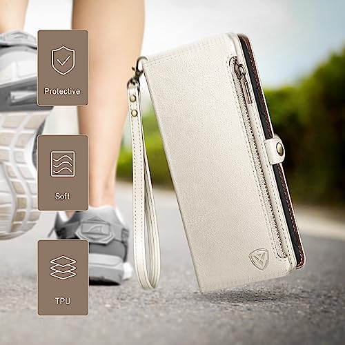 Image of XcaseBar Compatible with Samsung Galaxy S25 Wallet case with Zipper Credit Card Holder【RFID Blocking】,Flip Folio Book PU Leather Phone case Shockproof Cover Women Men for Samsung S25 case White