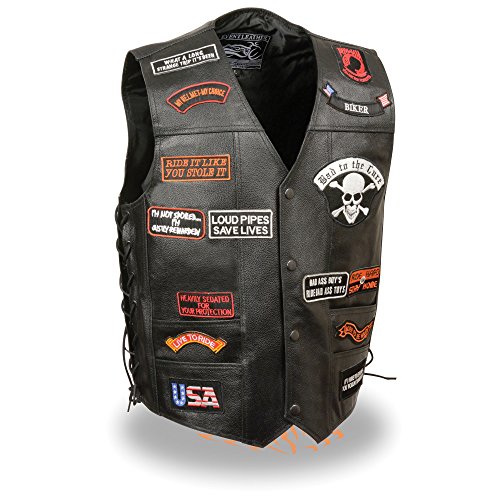 Men's Motorcycle Classic PRE- Patches Real Leather Vest Side Laces Black New2