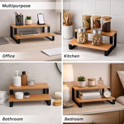 Image of Decorlay 2-Tier Metal & Laminated Board Stairs Spice Rack Cosmetic Organizer Stand, Kitchen Countertop for Pantry Cupboard, Countertop (Beech+Black)