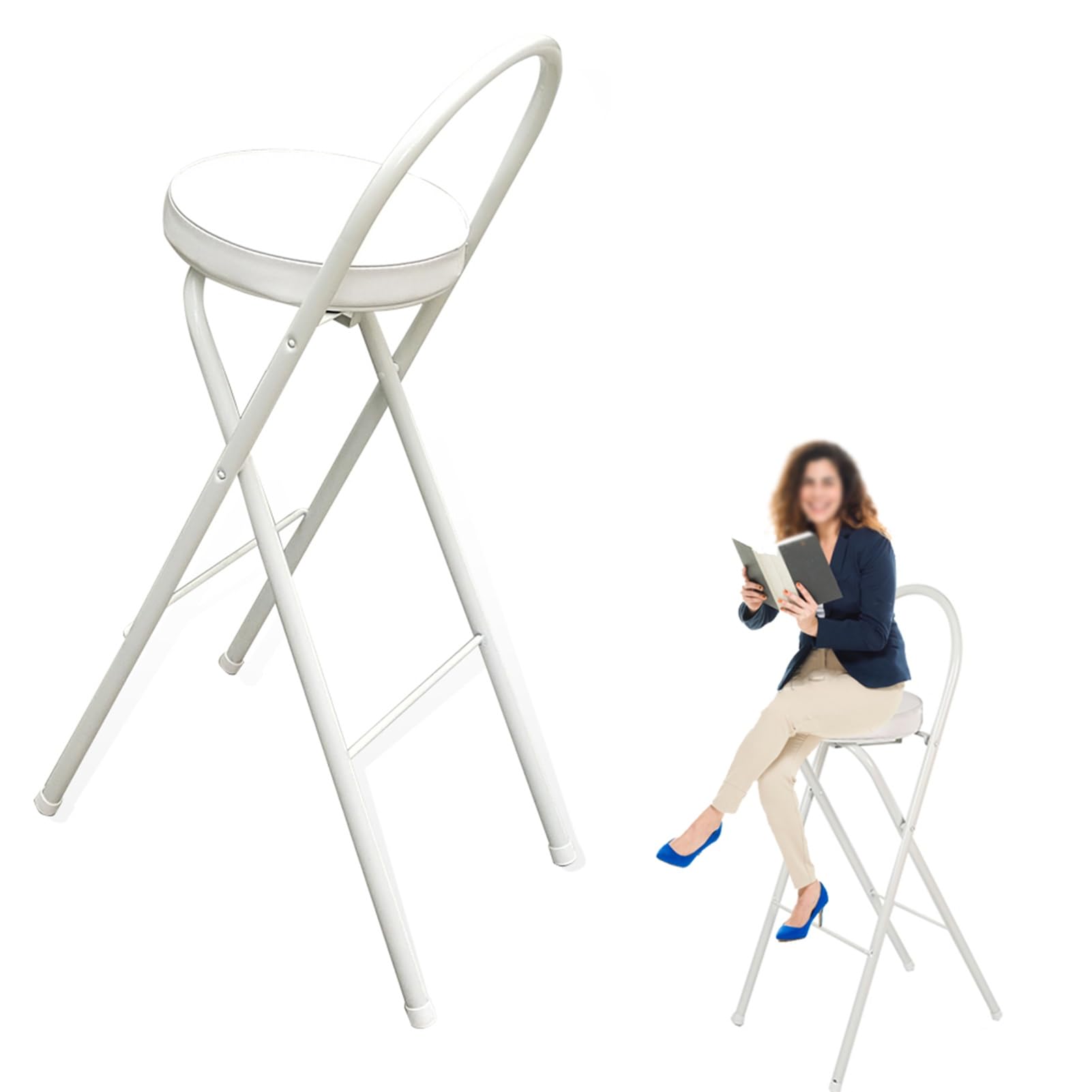 Portable Folding Bar Stool with Footrest White Padded Seat Height 70cm Height 60cm Width Ideal for Home Parties and Events Holds up to 100kg