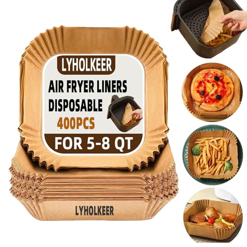 Image of LYHOLKEER Air Fryer Liners Disposable, 400Pcs Nonstick Square Parchment Paper Liners for 5-8 Qt Air Fryers, Compatible with Ninja, Cosori, Chefman, Instant Pot, Oil-Resistant for Easy Cleanup