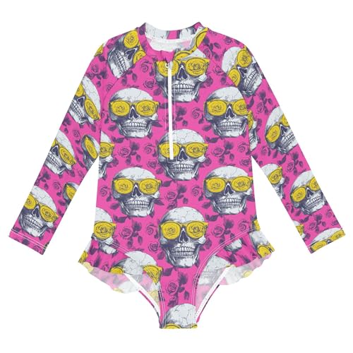 Skull Flower Girls Long Sleeve Rashguard Swimsuit UV Protection One-Piece Swimwear Bathing Suit B0404469