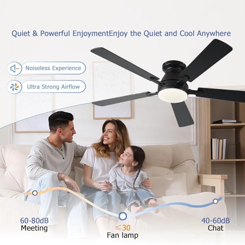 Image of Ayaoty 54 inch Ceiling Fans with Lights and Remote, Low Profile Ceiling Fan with Light, Flush Mount, Reversible, 3CCT, Dimmable, Noiseless, White Ceiling Fan for Bedroom, Indoor /Outdoor Use