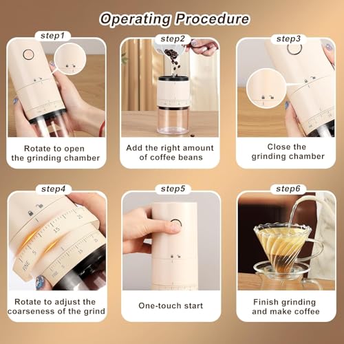Image of STAR WORK Automatic Coffee Grinder - Adjustable Burr Mill with Precision Coarseness Control |Portable | USB Rechargeable, Compact & Durable Design for Espresso, French Press & Pour Over. (Cream)