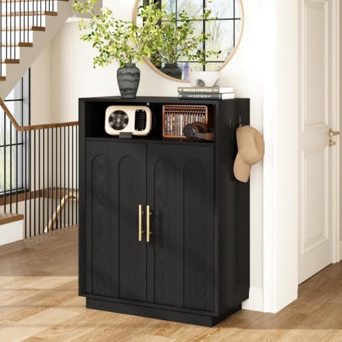 Image of Shoe Cabinet with Arched Doors, 43 inch Tall Large Hidden Shoe Storage Cabinet with Adjustable Shelves, 5-Tier Mid Century Modern Shoe Rack Organizer for Entryway Hallway Living Room,Black Set of 2