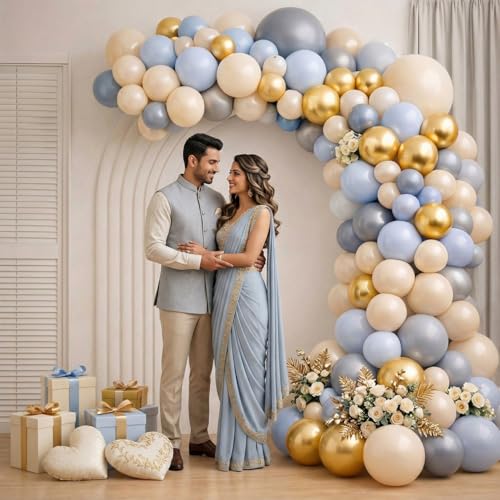 Image of Party Propz Golden Balloon Decoration Item - Set of 71 Pcs Golden, Blue Grey Nude Balloons for Decoration, Latex Balloons with Balloon Arch Strip for Birthday Party, Baby Shower (Latex)