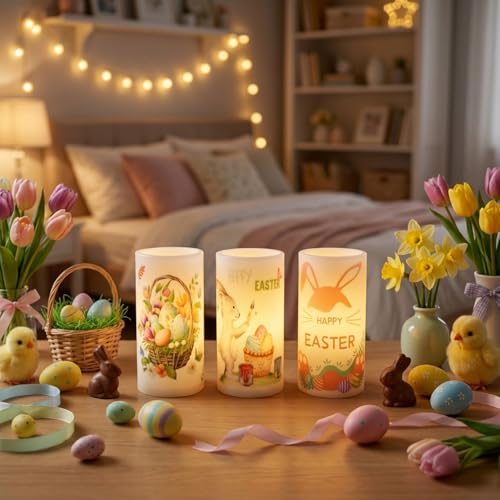 Image of 3PCS Easter Flameless Pillar Candles with Remote Control | Happy Easter Bunny Flower Rabbit Spring LED Candle Battery Operated, Colorful Flame, Long Lasting