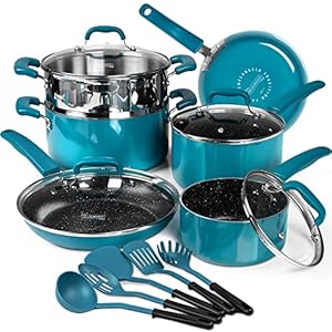 MICHELANGELO Nonstick Pots and Pans Set, Enamel Cookware Set with Stone-derived Coating, Kitchen Cookware Sets with 5 Utensils, Pots and Pans with Silicone Handles, 15 Piece, Cyan-Blue