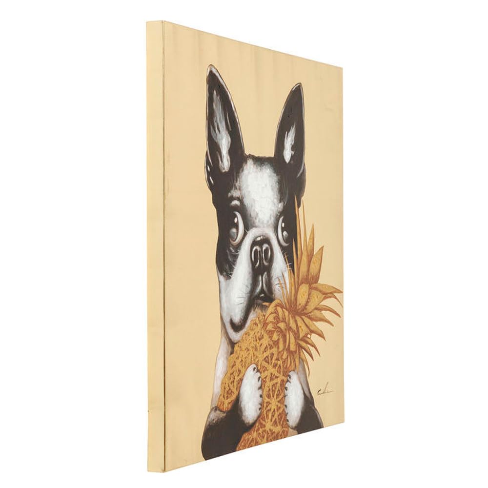 Kare Design Cuadro Touched Dog with Pineapple, Oro/Multicolor, Pintura en Lienzo, Perro, Algodón, Marco de Madera de Abeto, Detalles Pintados a Mano, 80x80x4 cm