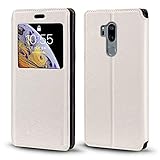 Shantime Sichtfenster-Lederhülle Kompatibel mit LG G7 One, Elegantes Design mit Klarsichtanzeige, Unsichtbarem Magnetverschluss & Kartenfach(Weiß)