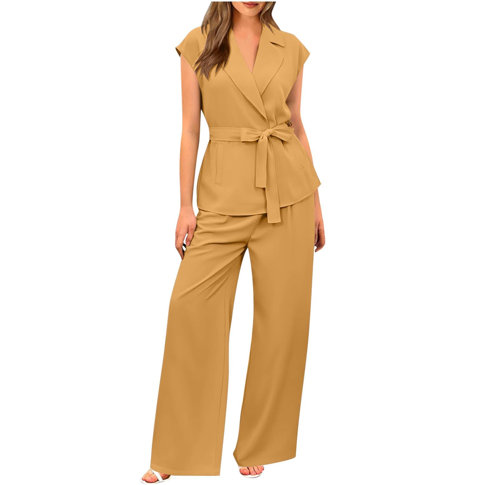 SACFOF Womens 2 Piece Outfits Dressy Sets Sleeveless Lapel V Neck Belted Blazer Vest Tie Knot Front Wide