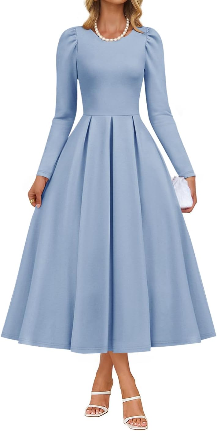 ZESICA Women's Long Sleeve Midi Dresses 2026 Spring Elegant Crewneck Swing A Line Wedding Guest Party Dress with Pockets