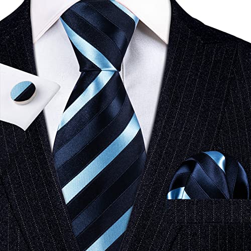Image of Barry.Wang Tie Sets for Men Silk Stripe Necktie Woven Checkered Handkerchief Cufflinks Formal Business Wedding