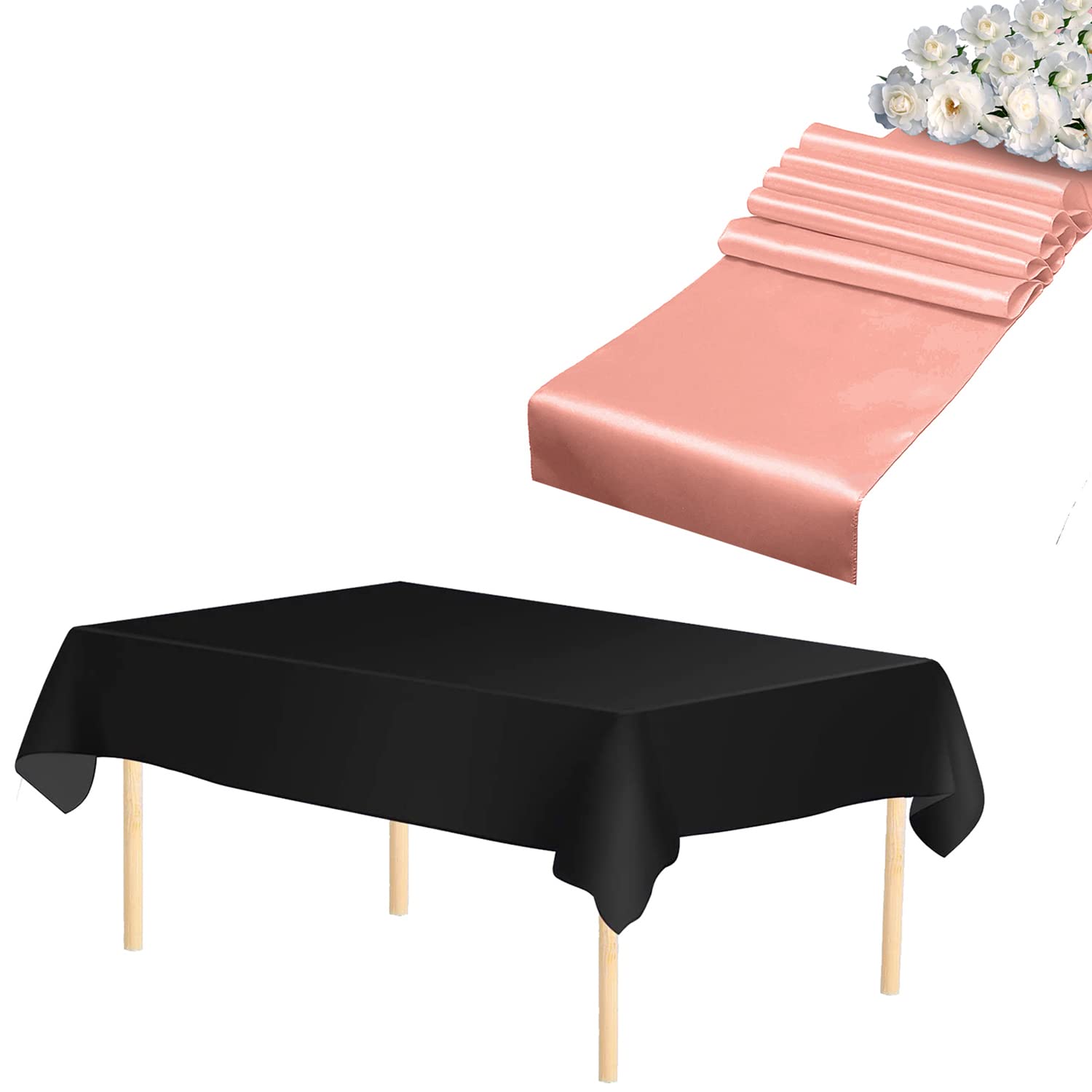 WedDecor 3pcs Coral Rectangle Satin Table Runner 11"x108" & 3pcs Black Disposable Plastic Tablecloths 54"x108" Waterproof Table Cover for Wedding Party Decoration, Christmas (Set of 3)