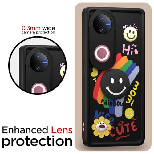 Image of Pikkme Back Cover for Vivo T4R 5G / iQOO Z10R 5G / Vivo V50 5G / V50e 5G | Soft Silicone| Cute Rainbow Smile & 3D Cartoon Flower Design | Shockproof Raised Camera Protection Bumper Case (Black)