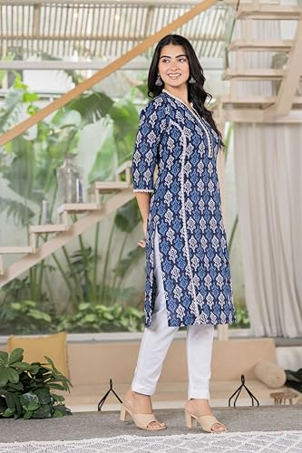 Image of Women's Cotton Straight Kurti with Geometric Print, 3 /4 Sleeves, Lace Trim Detail, Regular Fit, Casual Wear