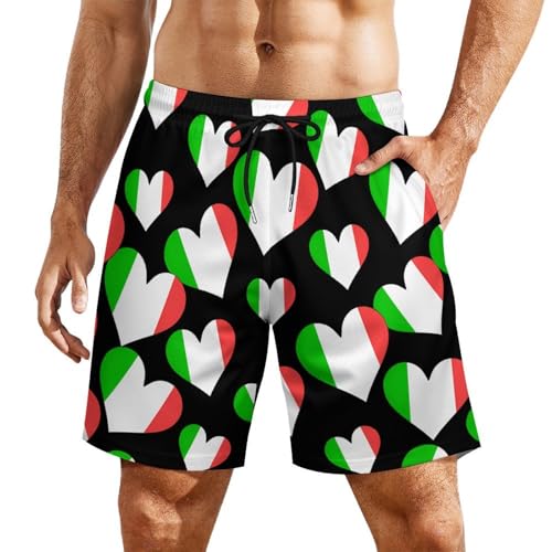 Italy Flag Heart Mens Swim Trunks Swimming Board Shorts with Compression Liner Summer Beach Bottom
