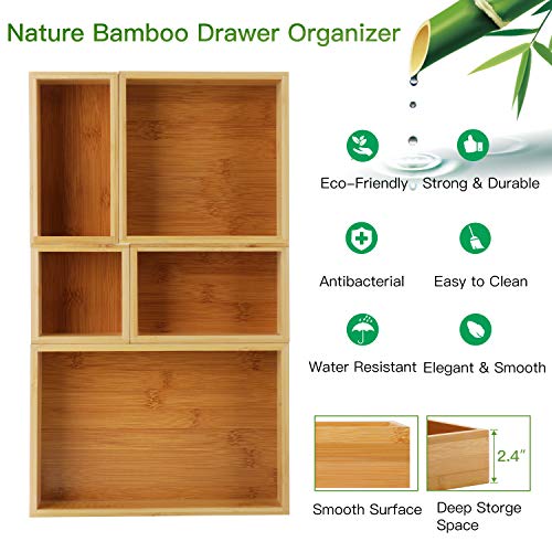 5-Piece Bamboo Drawer Organizer Set, Multi-use Storage Box Set, Varied Sizes Junk Drawer Organizer for Office, Home, Kitchen, Bedroom, Bathroom by Pipishell