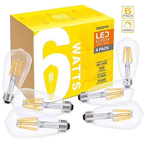 zerproc Edison LED Ampoule E27/ST64 Vintage Lampe LED 6W Ampoule Décorative Dimmable Lumière Blanc Chaud 2700K 220-240V (6 Pack)