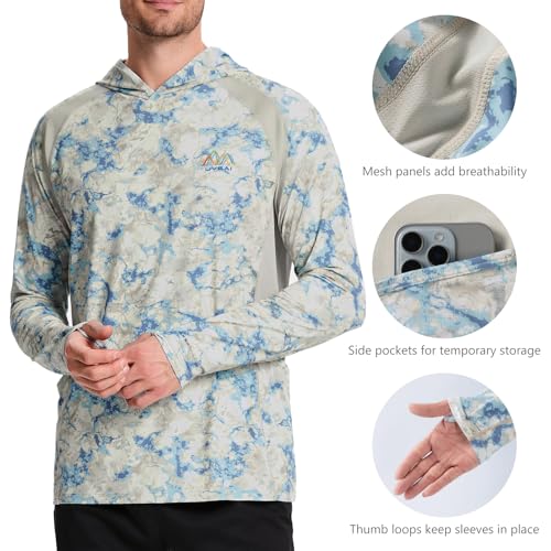 Image of Men's UPF 50+ Hoodie Shirt Long Sleeve Permanent UV Sun Protection Vented Tee Performance for Outdoor Hiking Fishing