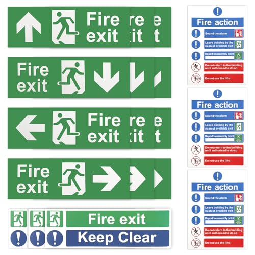 Fire Exit Sign Set 21 PCS Self Adhesive Fire Safety Signs (Right Left Up Down Arrow) Fire Door Keep Shut Signs Fire Action Notice Fire Exit Keep Clear Stickers