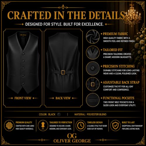 Image of Oliver George 4pc Men's Solid Formal Suit Waistcoat Tuxedo Dress Vest Necktie Bowtie Handkerchief Set for Suit or Tuxedo