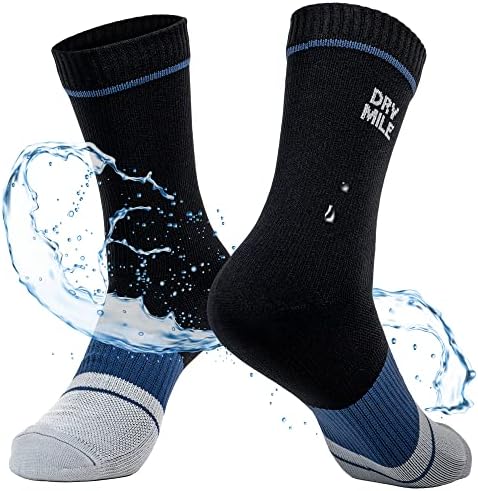 DRYMILE Slim Waterproof Socks, Thin Moisture Wicking Winter Waterproof Socks for Men & Women, Golf, Cycling - Crew (L, Black and Blue)