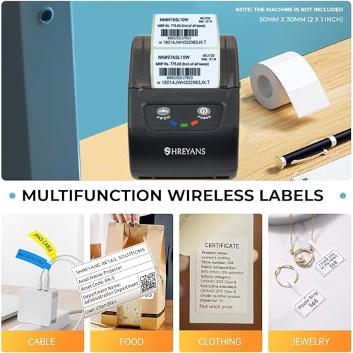 Image of Shreyans Direct Thermal Labels (Pack of 10, 50mm x 30mm - 500 Labels /Roll) - Non Tearable, Water Proof & Non Fade with Permanent Marking