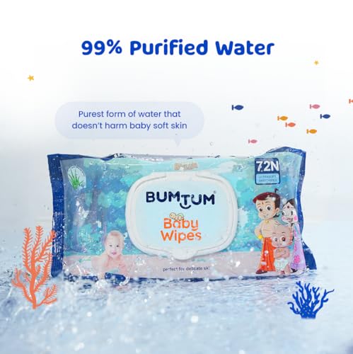 Image of Bumtum Baby Chota Bheem Gentle Soft Moisturizing Wet Wipes with Lid | Aloe Vera & Chamomile Extracts | Paraben & Sulphate Free (Pack of 5, 72 Pcs. Per Pack)