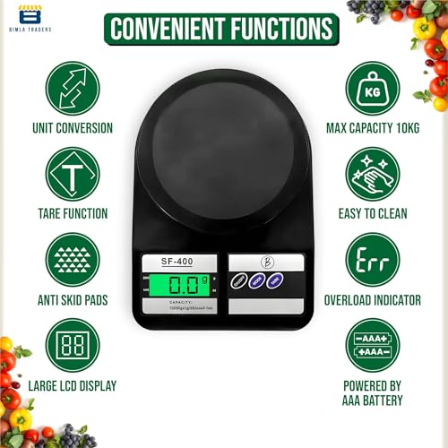 Image of Btag SF-400 Digital Kitchen Weighing Scale | 10Kg x 1g Precision | 1 year (6+6 months) warranty | Food Scale with LCD Display for Cooking, Baking, Meal Prep & Healthy Diet | (Black)