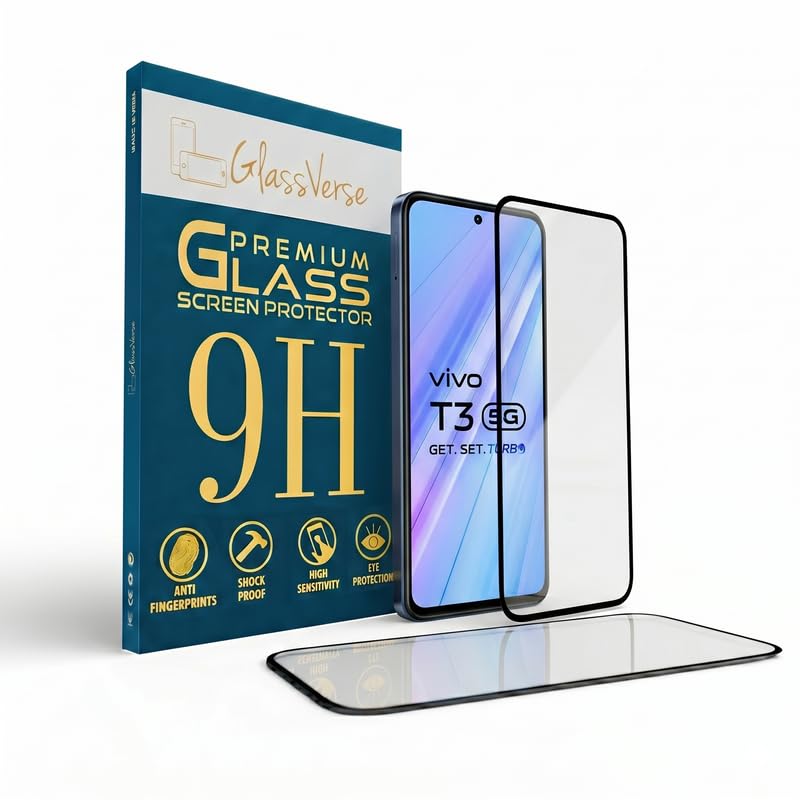 Image of GlassVerse PureView Tempered Glass for Vivo T3 5G | Crystal Clear, 9H Hardness Screen Protector, Edge to Edge, Case Friendly, Hassle-less Installation Kit Included. (Pack of 2)