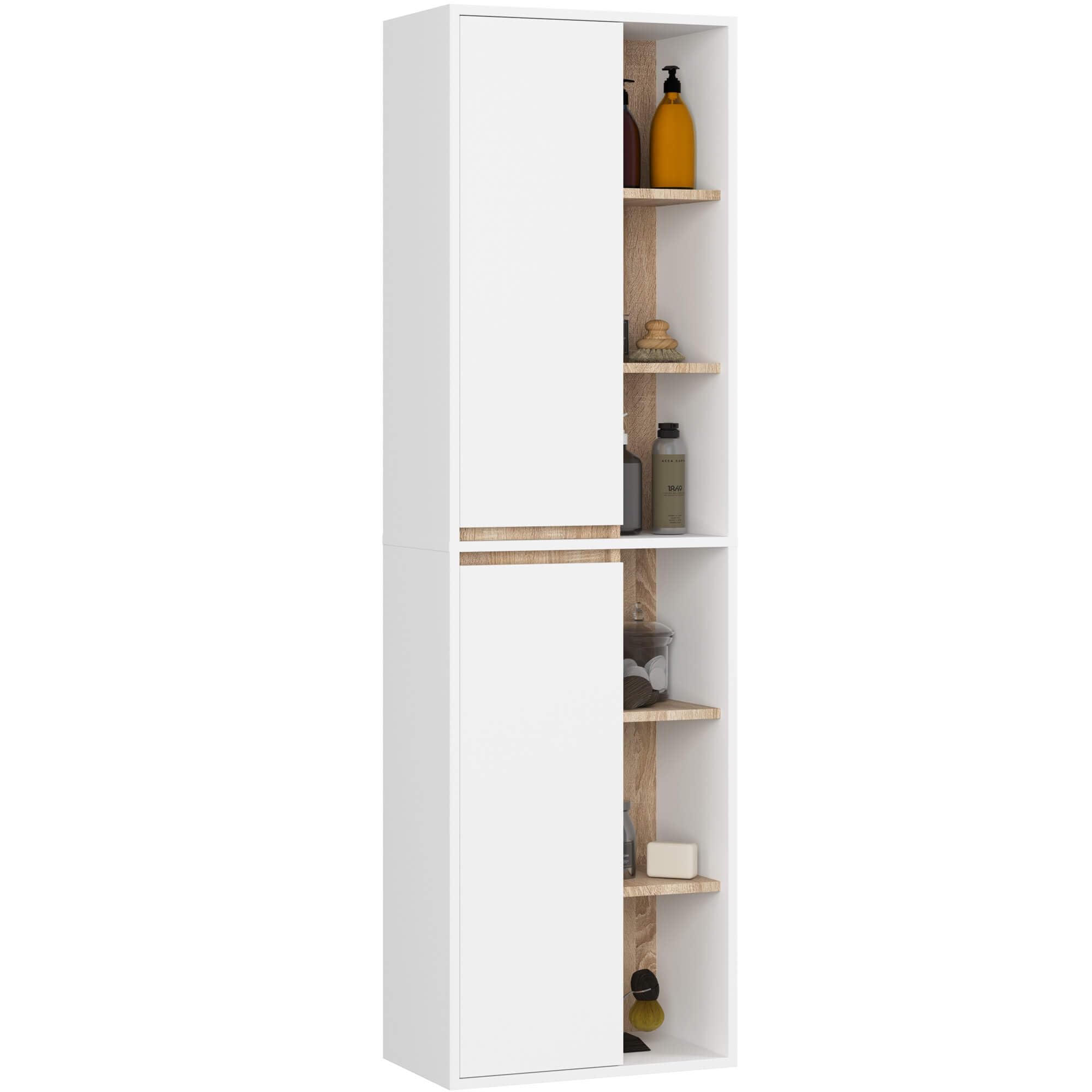 AKORD Colonne Salle de Bain Suspendue VAMI W50 - Meuble Mural 2 Portes, 10 Étagères - Rangement pour Cosmétiques et Serviettes, Fixation Murale - 50x170x30 cm - Blanc & Chêne Sonoma