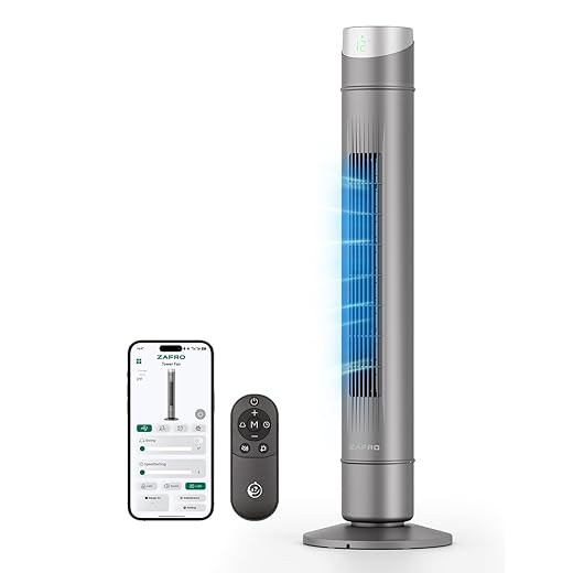 ZAFRO Smart Tower Fan for Bedroom,120° Oscillating Tower Fan,28ft/s High-Speed 12 Speeds 4 Modes,Upgraded DC 22dB Ultra Quiet,App/Voice Control,Standing Fan with 12H Timer,42Inch, Grey