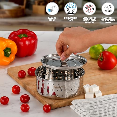 Image of Sumeet Stainless Steel Paneer /Tofu /Sprout Maker /Mould /Press, Easy and Perfact for Home Made Healthy Paneer, 11.3cm Dia, 300gms Paneer, 1.5 liter, Silver
