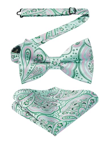 Image of HISDERN Bow Ties for Men Paisley Floral Pre-tied Bowtie Pocket Square Set Men's Formal Bow Ties Wedding Party