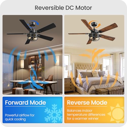 Image of 2 PACK 52 Inch Farmhouse Ceiling Fans with Lights and Remote, Timer, Dual Finish 5 Blades (Walnut and Black), 6 Speeds, Reversible DC Motor, Rustic & Industrial Caged Ceiling Fan FB01CFP205
