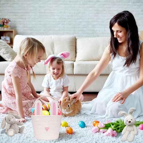 Image of Easter Basket for kids Empty Bunny Egg Baskets With Handle And Ears Easter Gifts Cute Woven Basket (pink)