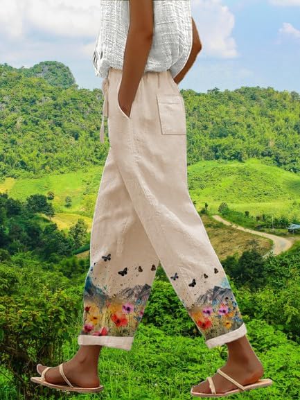 Linen Boho Pants for Women Butterfly Print Loose Casual Pants with Pockets Comfy Elastic Waist Lightweight Trousers - Image 2