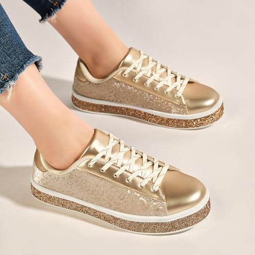 Image of UUBARIS Women's Glitter Tennis Sneakers Neon Dressy Sparkly Sneakers Rhinestone Bling Wedding Bridal Shoes Shiny Sequin Shoes