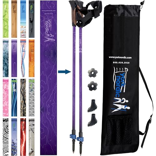 Official Nordic Walking Poles - True Classic Nordic Glove Grips, Lightweight, Adjustable, and Collapsible -2 Pieces w/flip Locks, Detachable Feet and Travel Bag by York Nordic - Heights 5'4"-6'2"