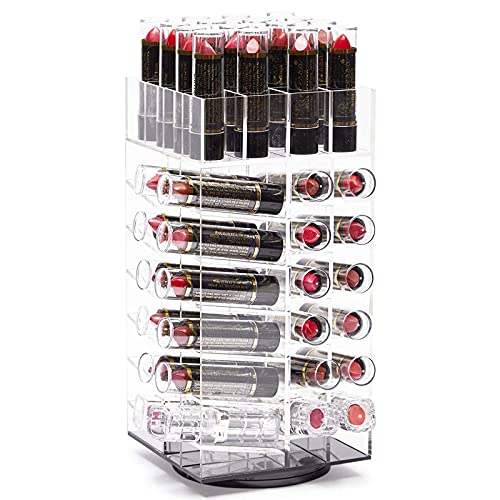 Acrylic Lipstick Tower, Rotating Cosmetic Organizer with 64 Slots (4.5 x 9.5 In)