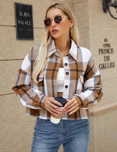 CYCLAMEN Women's Flannel Plaid Cropped Shacket Jacket Long Sleeve Button Down Crop Shirt Coat Fall Fashion Casual Outfits4