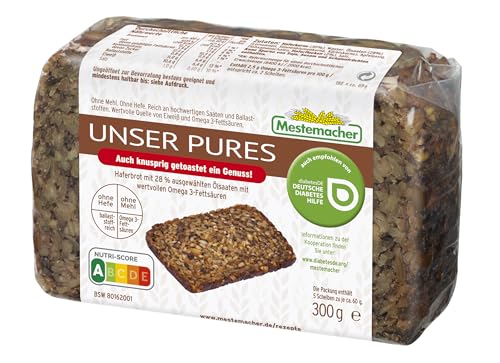 Mestemacher Unser Pures Haferbrot ohne Mehl und ohne Hefe, Nutri Score A, Ballaststoffreich, mit wertvollen Omega 3 Fettsäuren, Vollkornbrot Diabetiker geeignet, 5 Scheiben, 300g